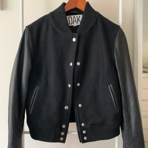 OAK NYC felt leather layered front varsity jacket